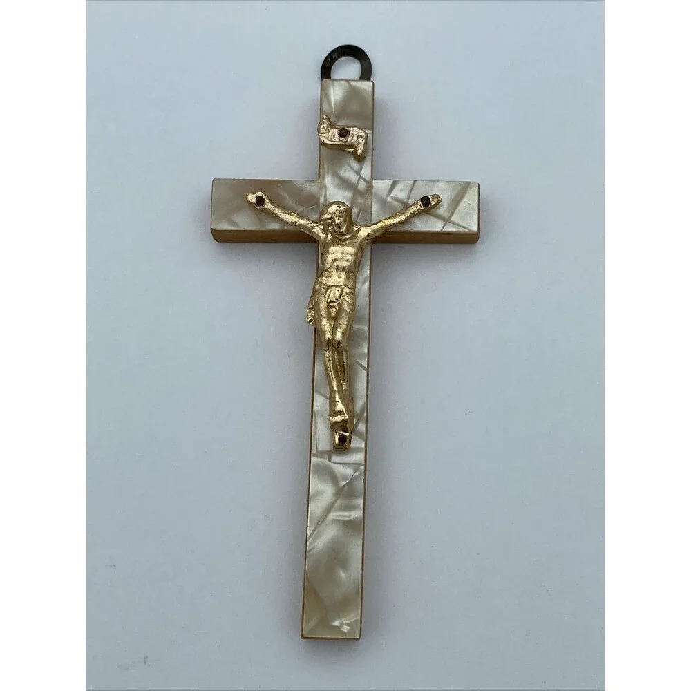 Beautiful Vintage Wood Crucifix with Mother Of Pearl - God Bless